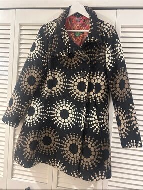 Desigual Black Trench Coat with Metallic Gold Dot Burst Print